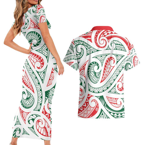 New Zealand Kowhaiwhai Christmas Couples Matching Short Sleeve Bodycon Dress and Hawaiian Shirt Traditional Maori Koru Pattern - Aussie Hoodie
