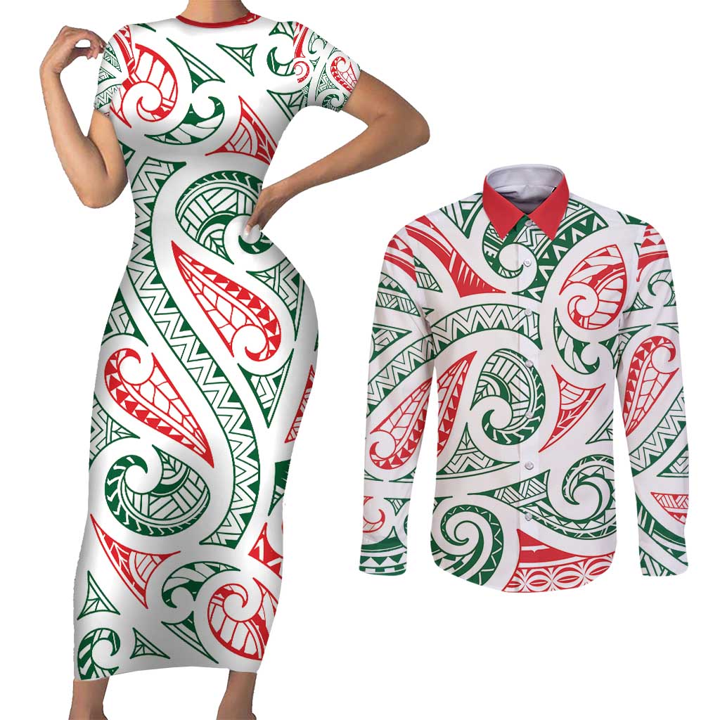 New Zealand Kowhaiwhai Christmas Couples Matching Short Sleeve Bodycon Dress and Long Sleeve Button Shirt Traditional Maori Koru Pattern - Aussie Hoodie