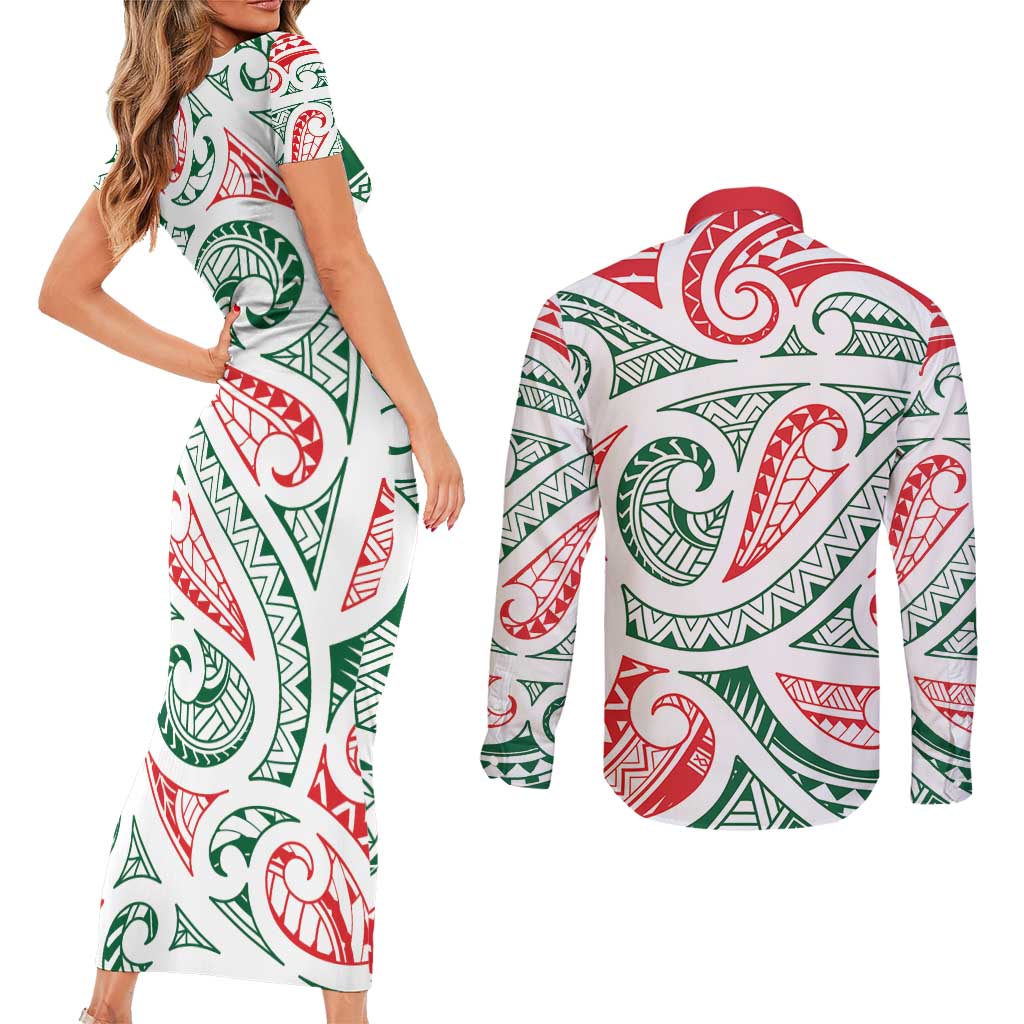 New Zealand Kowhaiwhai Christmas Couples Matching Short Sleeve Bodycon Dress and Long Sleeve Button Shirt Traditional Maori Koru Pattern - Aussie Hoodie