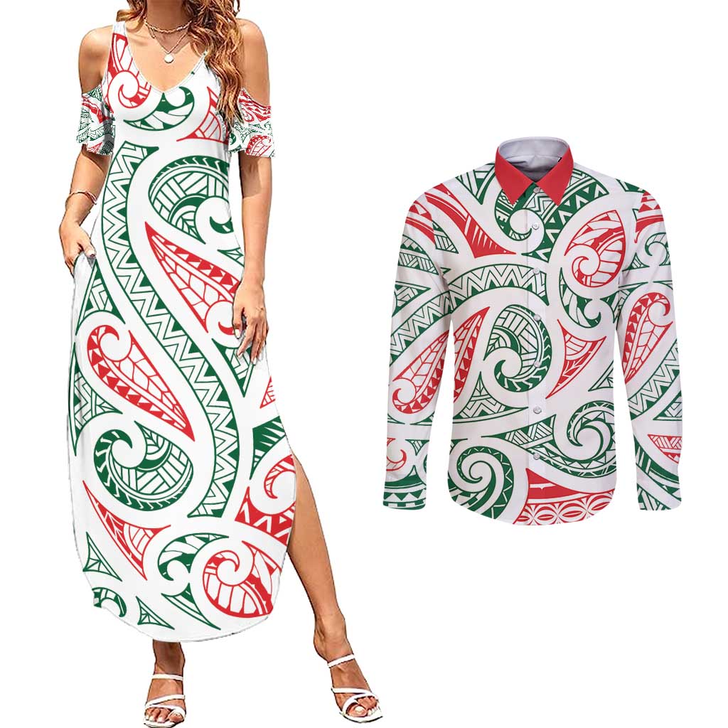 New Zealand Kowhaiwhai Christmas Couples Matching Summer Maxi Dress and Long Sleeve Button Shirt Traditional Maori Koru Pattern - Aussie Hoodie