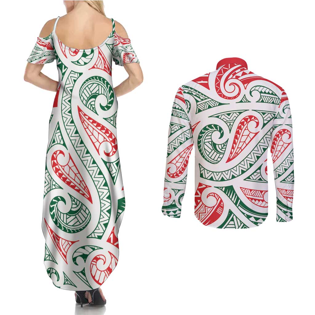New Zealand Kowhaiwhai Christmas Couples Matching Summer Maxi Dress and Long Sleeve Button Shirt Traditional Maori Koru Pattern - Aussie Hoodie
