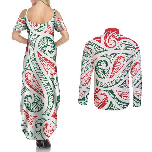 New Zealand Kowhaiwhai Christmas Couples Matching Summer Maxi Dress and Long Sleeve Button Shirt Traditional Maori Koru Pattern - Aussie Hoodie