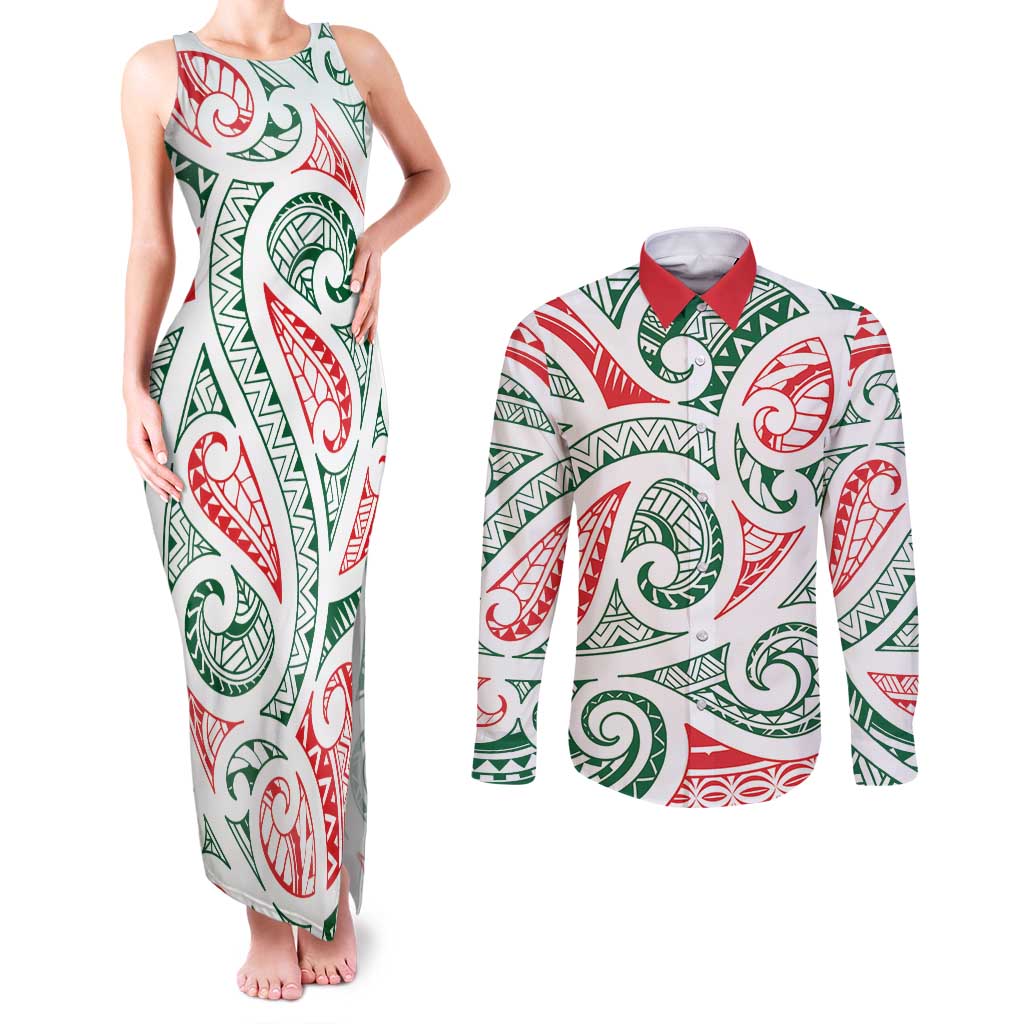 New Zealand Kowhaiwhai Christmas Couples Matching Tank Maxi Dress and Long Sleeve Button Shirt Traditional Maori Koru Pattern - Aussie Hoodie