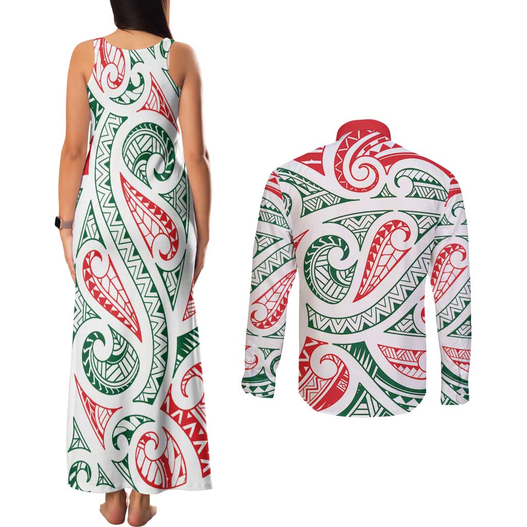 New Zealand Kowhaiwhai Christmas Couples Matching Tank Maxi Dress and Long Sleeve Button Shirt Traditional Maori Koru Pattern - Aussie Hoodie