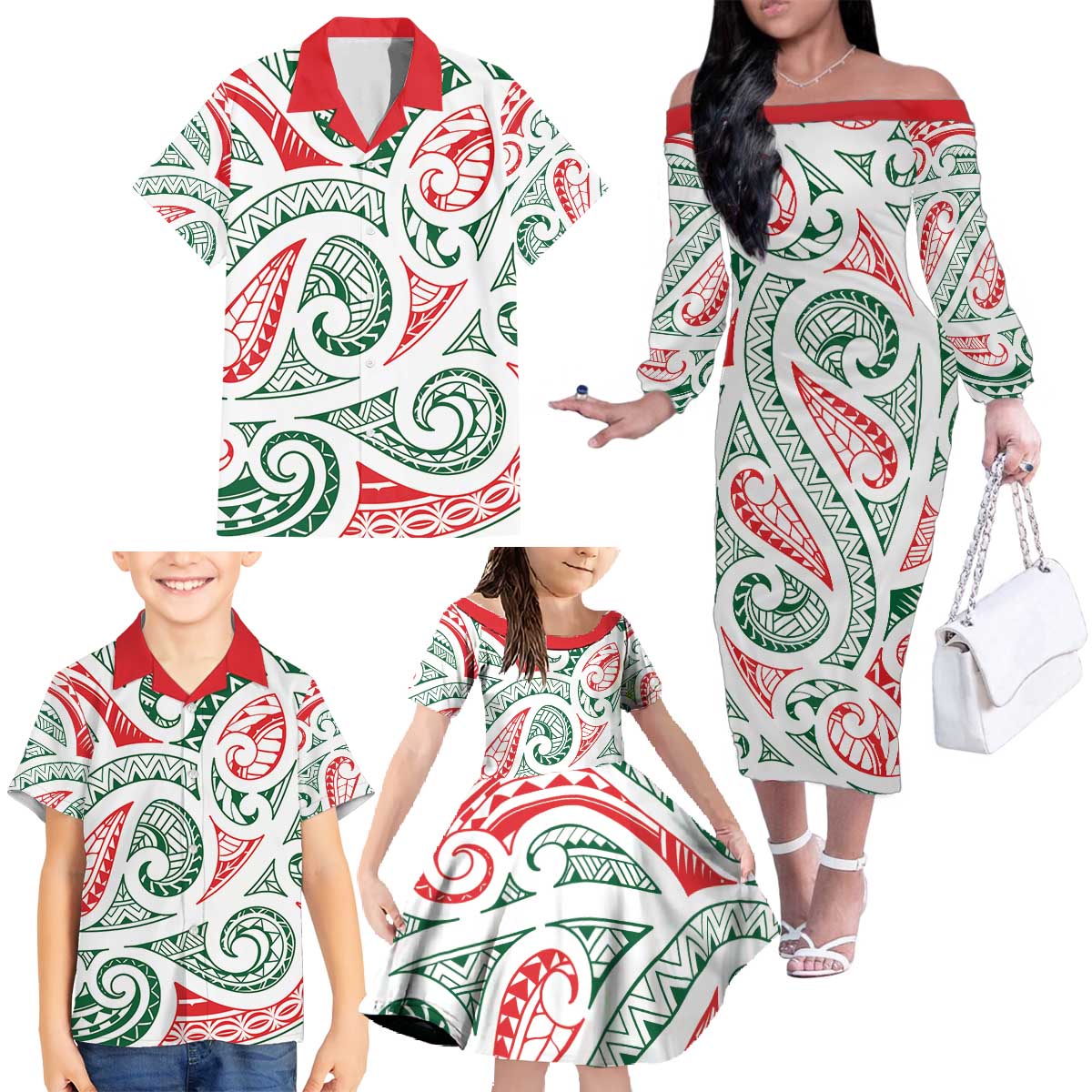New Zealand Kowhaiwhai Christmas Family Matching Off The Shoulder Long Sleeve Dress and Hawaiian Shirt Traditional Maori Koru Pattern - Aussie Hoodie