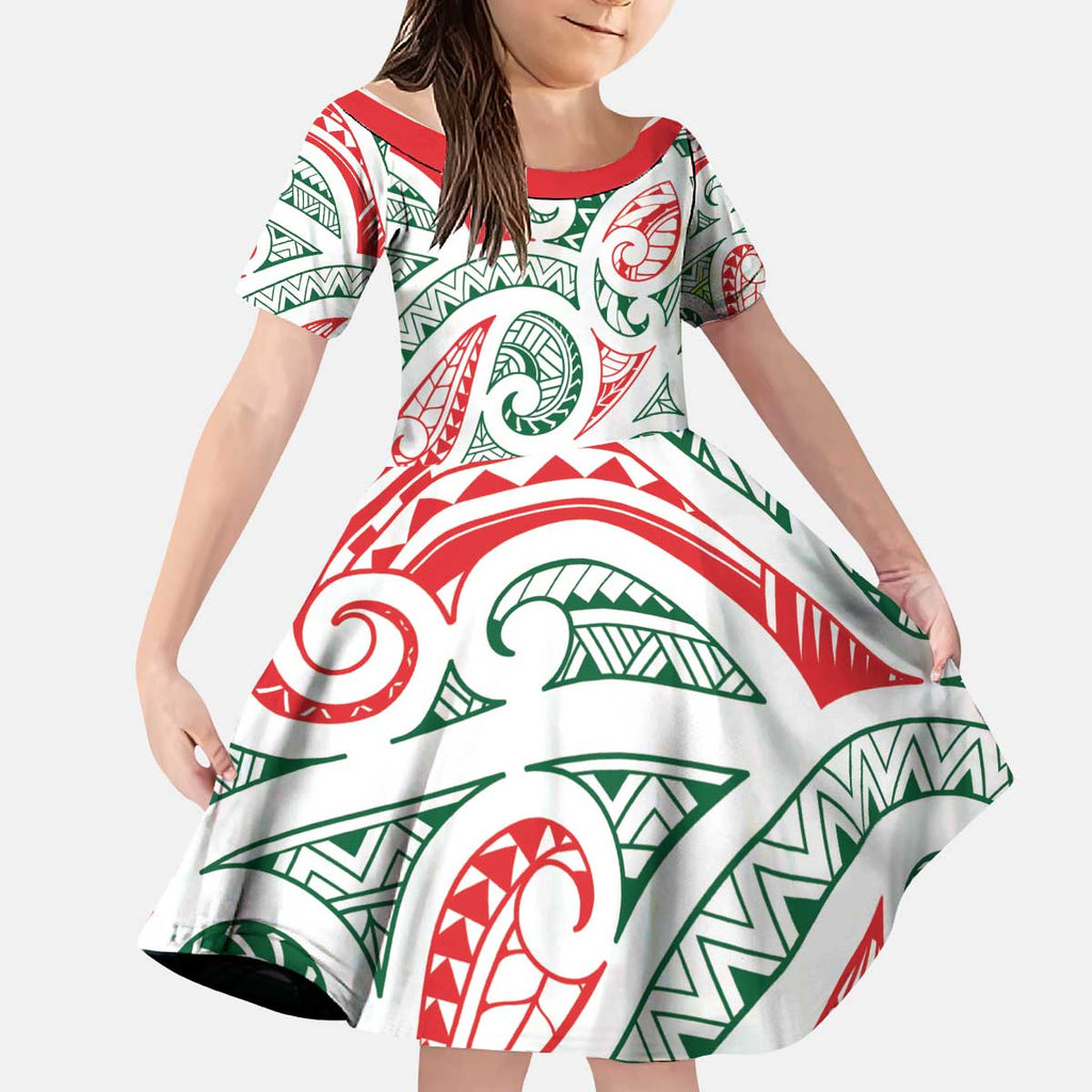 New Zealand Kowhaiwhai Christmas Kid Short Sleeve Dress Traditional Maori Koru Pattern - Aussie Hoodie