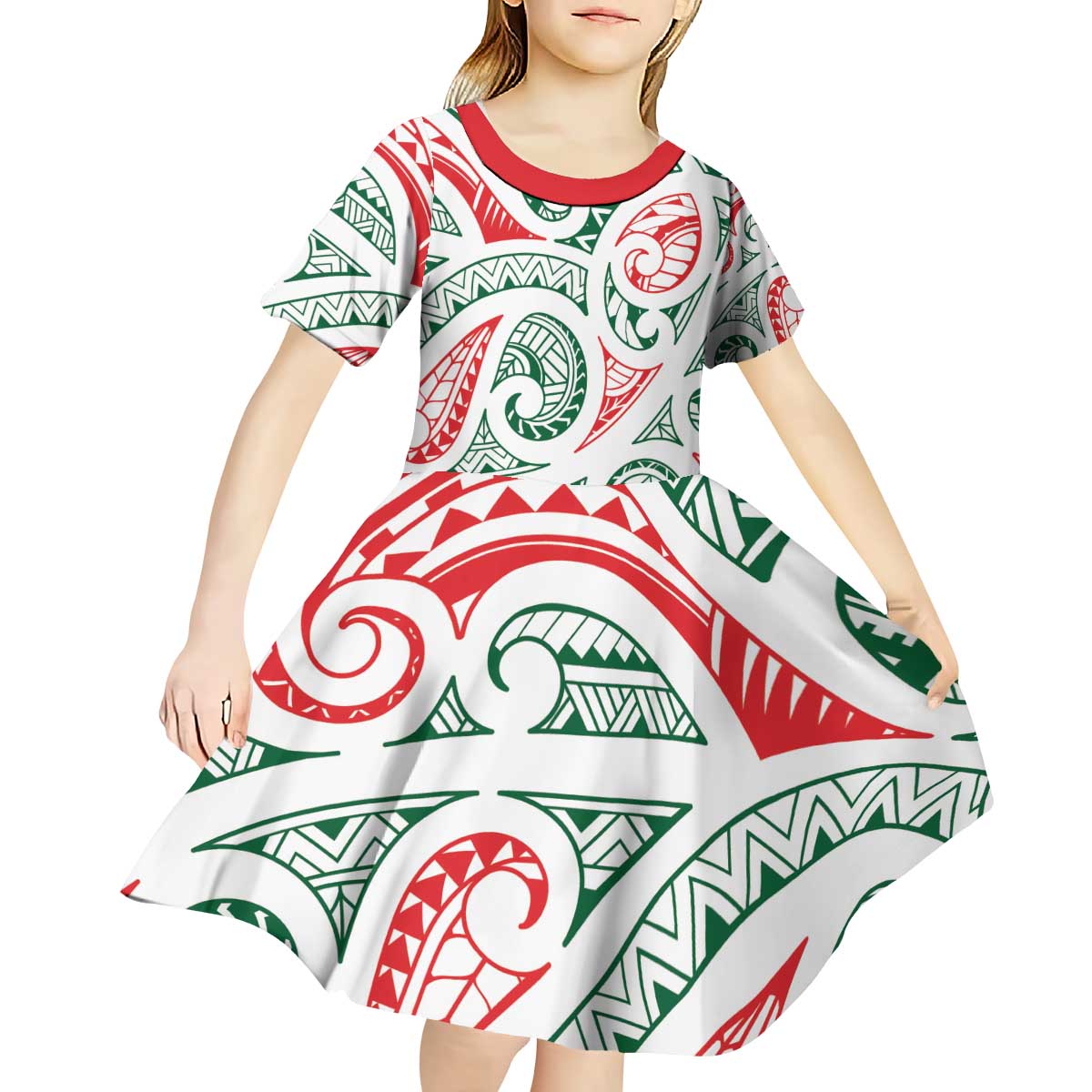 New Zealand Kowhaiwhai Christmas Kid Short Sleeve Dress Traditional Maori Koru Pattern - Aussie Hoodie