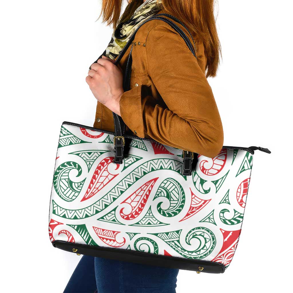 New Zealand Kowhaiwhai Christmas Leather Tote Bag Traditional Maori Koru Pattern - Aussie Hoodie