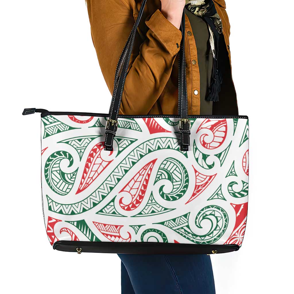 New Zealand Kowhaiwhai Christmas Leather Tote Bag Traditional Maori Koru Pattern - Aussie Hoodie