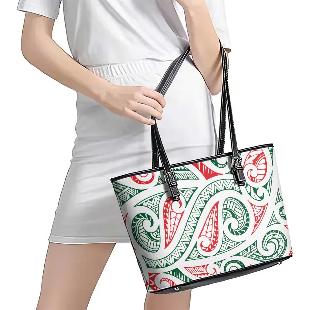 New Zealand Kowhaiwhai Christmas Leather Tote Bag Traditional Maori Koru Pattern - Aussie Hoodie