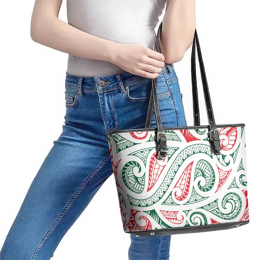 New Zealand Kowhaiwhai Christmas Leather Tote Bag Traditional Maori Koru Pattern - Aussie Hoodie