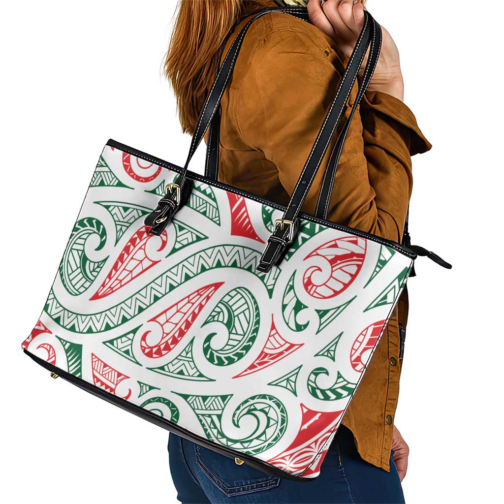 New Zealand Kowhaiwhai Christmas Leather Tote Bag Traditional Maori Koru Pattern - Aussie Hoodie