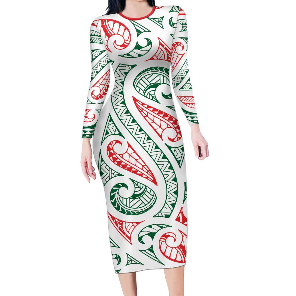 New Zealand Kowhaiwhai Christmas Long Sleeve Bodycon Dress Traditional Maori Koru Pattern - Aussie Hoodie