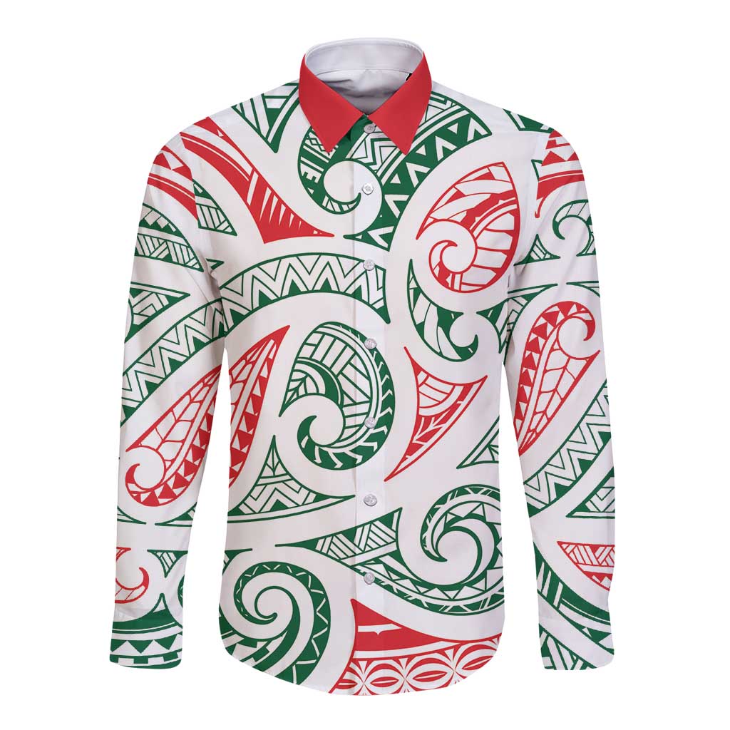 New Zealand Kowhaiwhai Christmas Long Sleeve Button Shirt Traditional Maori Koru Pattern - Aussie Hoodie