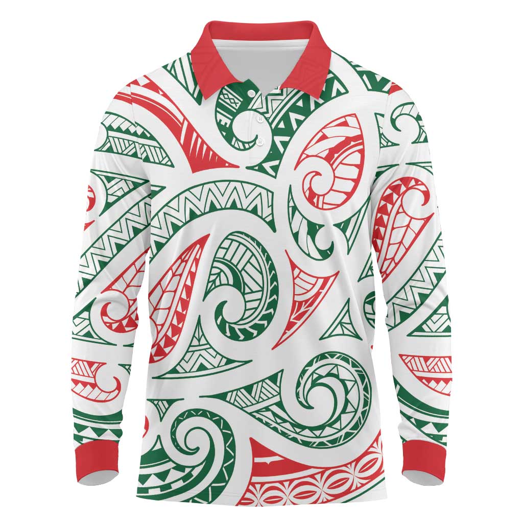 New Zealand Kowhaiwhai Christmas Long Sleeve Polo Shirt Traditional Maori Koru Pattern - Aussie Hoodie
