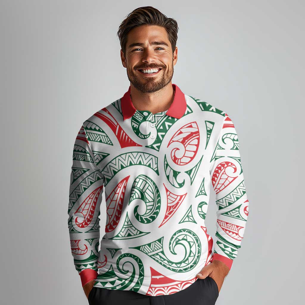 New Zealand Kowhaiwhai Christmas Long Sleeve Polo Shirt Traditional Maori Koru Pattern - Aussie Hoodie
