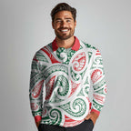 New Zealand Kowhaiwhai Christmas Long Sleeve Polo Shirt Traditional Maori Koru Pattern - Aussie Hoodie