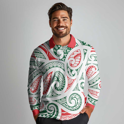 New Zealand Kowhaiwhai Christmas Long Sleeve Polo Shirt Traditional Maori Koru Pattern - Aussie Hoodie