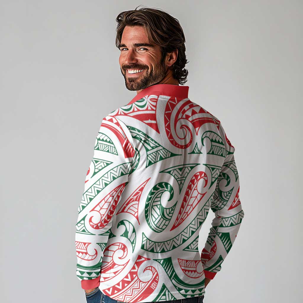 New Zealand Kowhaiwhai Christmas Long Sleeve Polo Shirt Traditional Maori Koru Pattern - Aussie Hoodie