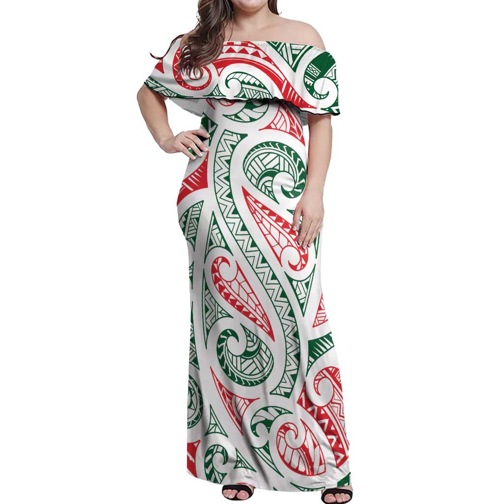 New Zealand Kowhaiwhai Christmas Off Shoulder Maxi Dress Traditional Maori Koru Pattern - Aussie Hoodie