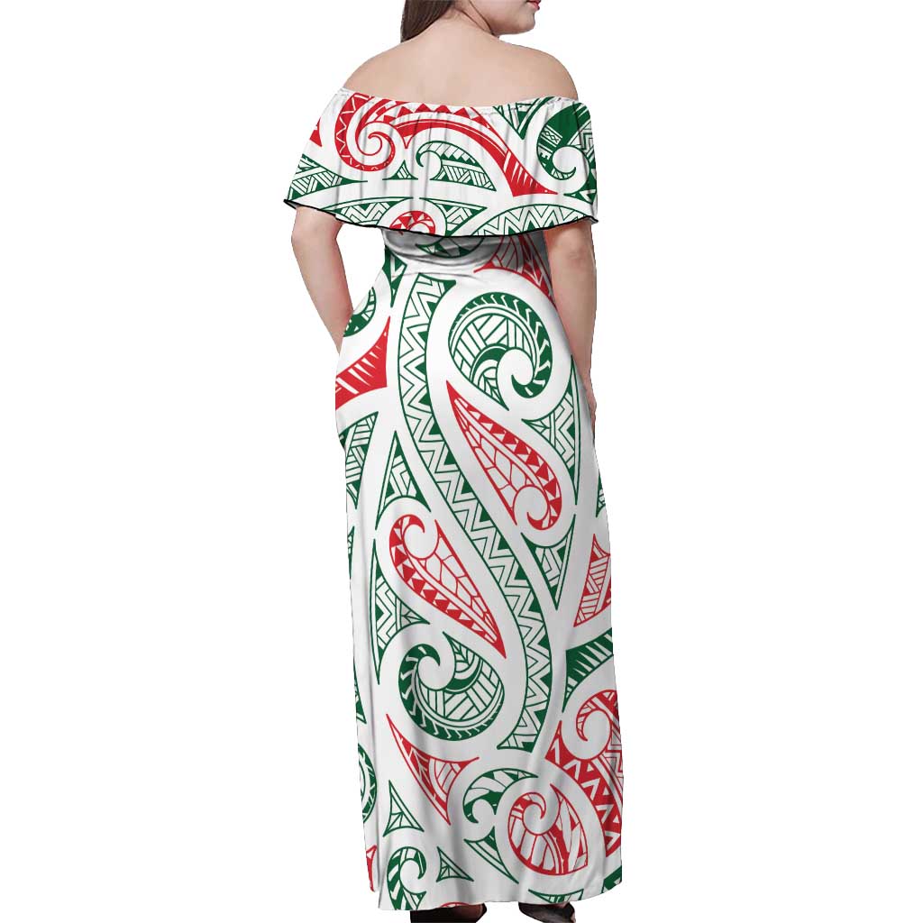 New Zealand Kowhaiwhai Christmas Off Shoulder Maxi Dress Traditional Maori Koru Pattern - Aussie Hoodie