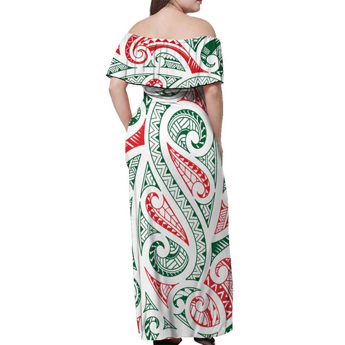 New Zealand Kowhaiwhai Christmas Off Shoulder Maxi Dress Traditional Maori Koru Pattern - Aussie Hoodie