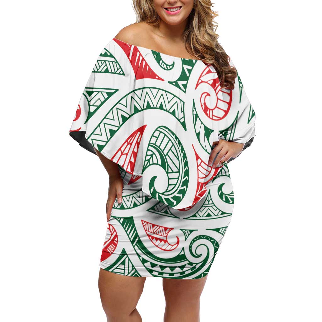 New Zealand Kowhaiwhai Christmas Off Shoulder Short Dress Traditional Maori Koru Pattern - Aussie Hoodie