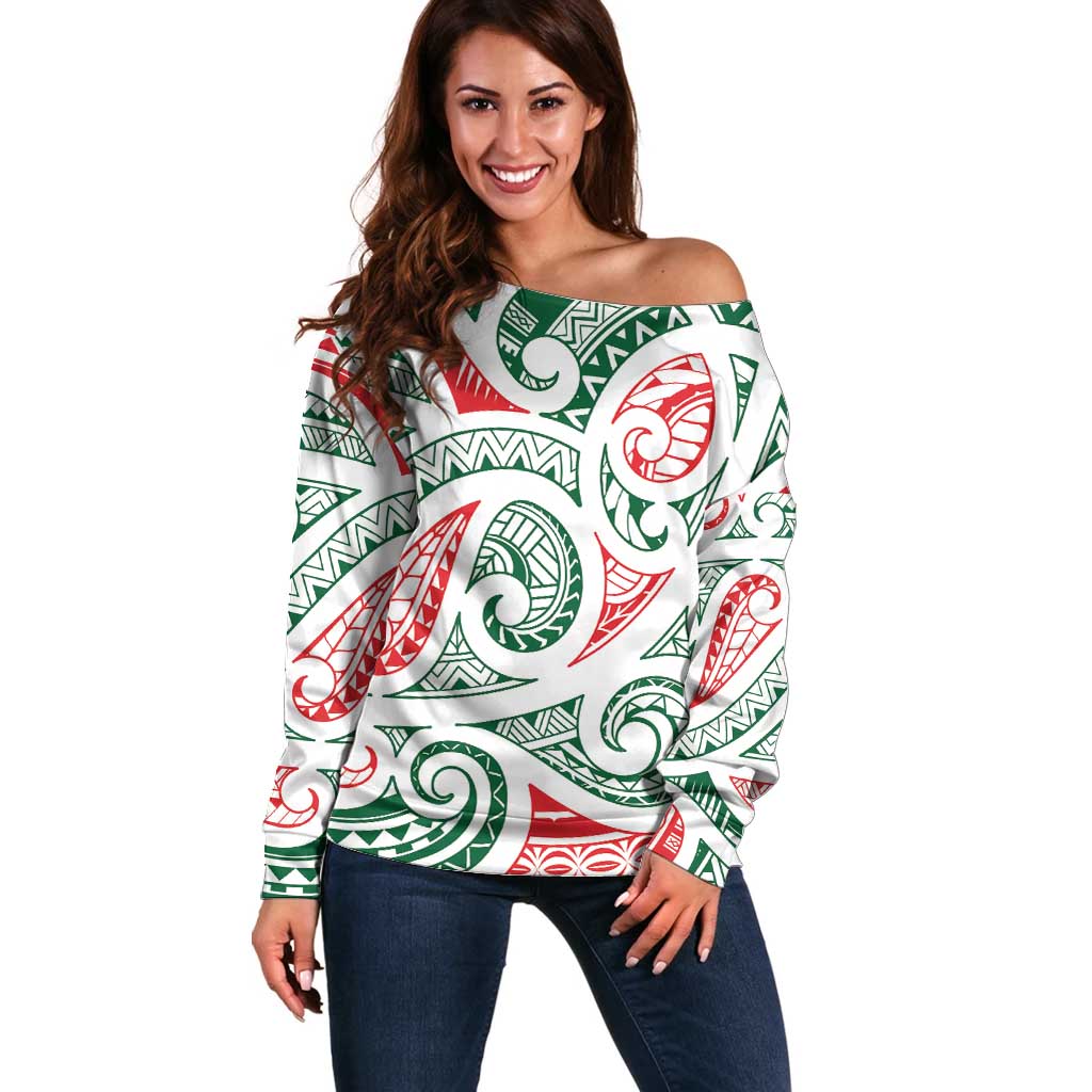 New Zealand Kowhaiwhai Christmas Off Shoulder Sweater Traditional Maori Koru Pattern - Aussie Hoodie