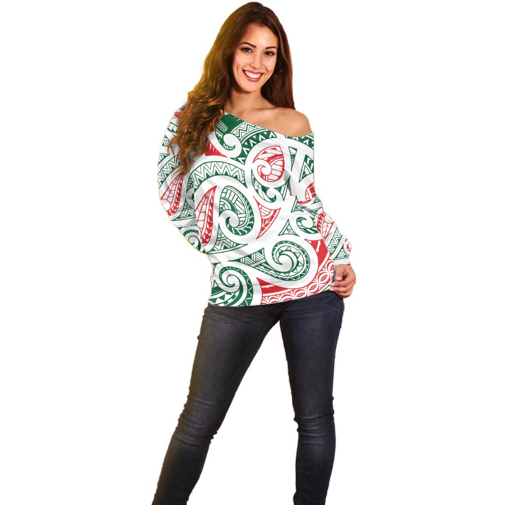 New Zealand Kowhaiwhai Christmas Off Shoulder Sweater Traditional Maori Koru Pattern - Aussie Hoodie