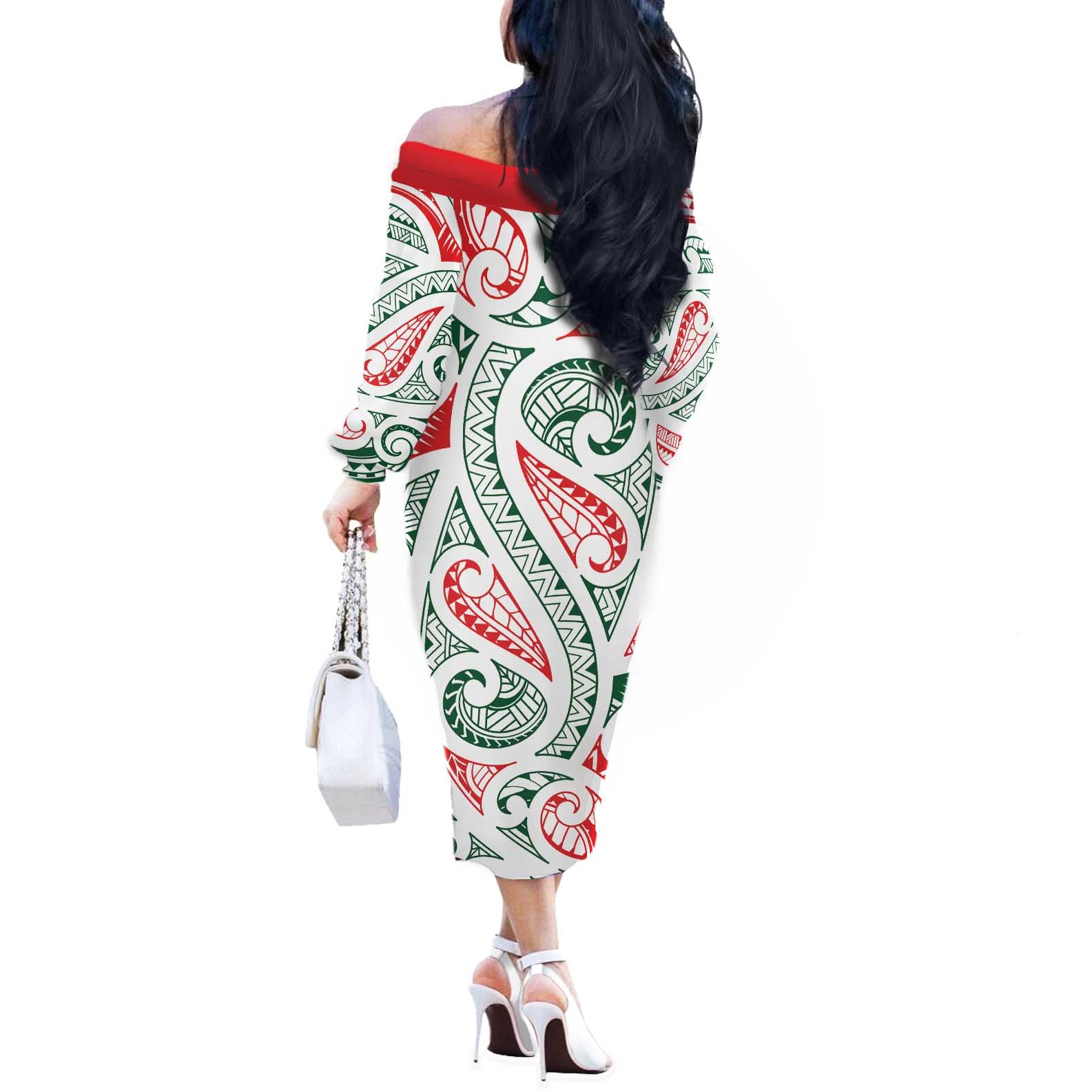 New Zealand Kowhaiwhai Christmas Off The Shoulder Long Sleeve Dress Traditional Maori Koru Pattern - Aussie Hoodie