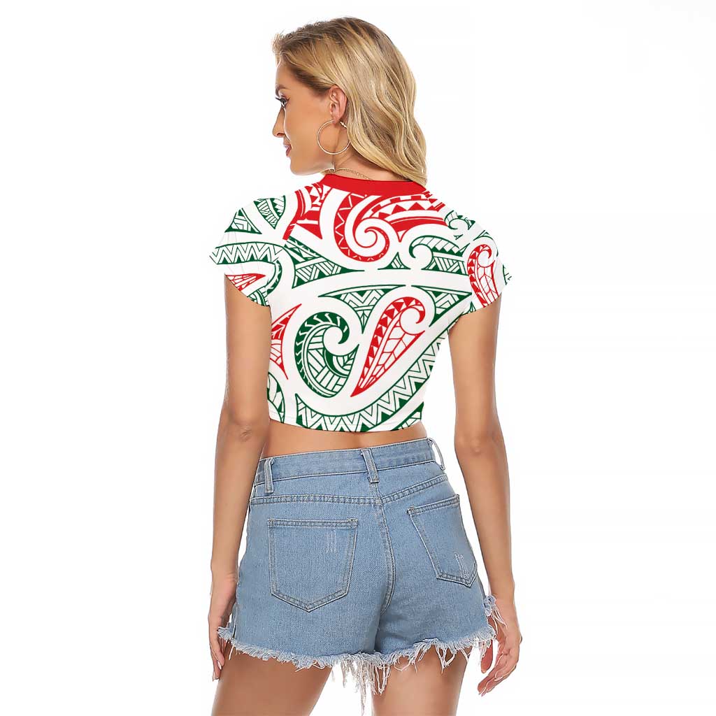New Zealand Kowhaiwhai Christmas Raglan Cropped T Shirt Traditional Maori Koru Pattern - Aussie Hoodie