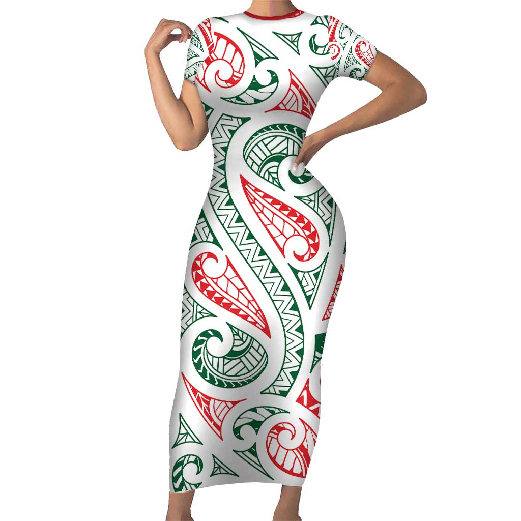 New Zealand Kowhaiwhai Christmas Short Sleeve Bodycon Dress Traditional Maori Koru Pattern - Aussie Hoodie