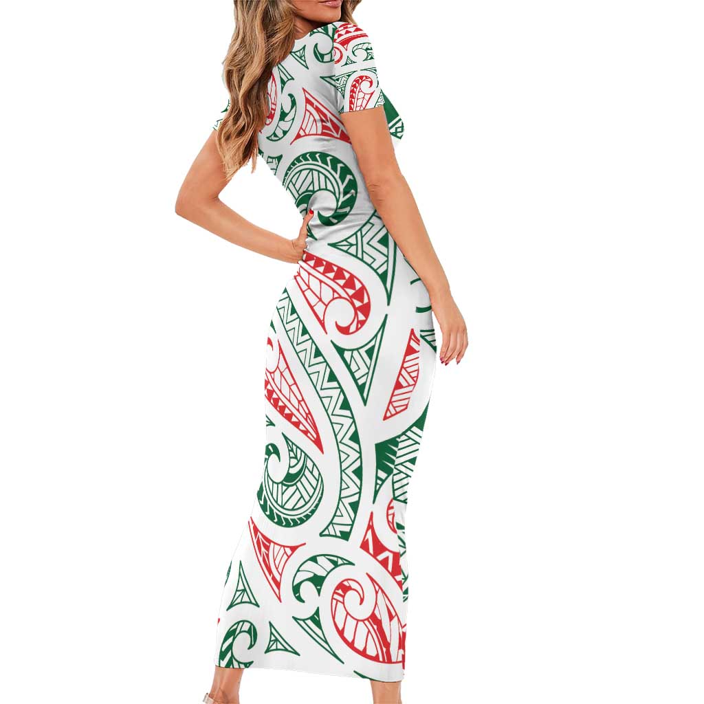 New Zealand Kowhaiwhai Christmas Short Sleeve Bodycon Dress Traditional Maori Koru Pattern - Aussie Hoodie