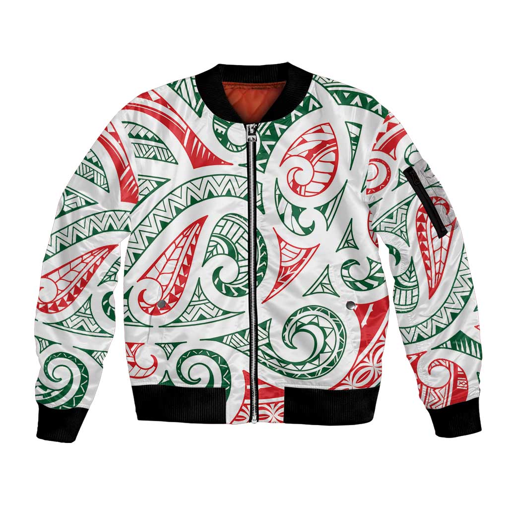 New Zealand Kowhaiwhai Christmas Sleeve Zip Bomber Jacket Traditional Maori Koru Pattern - Aussie Hoodie