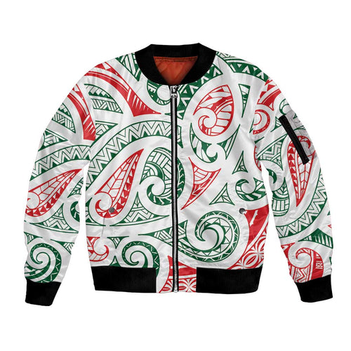New Zealand Kowhaiwhai Christmas Sleeve Zip Bomber Jacket Traditional Maori Koru Pattern - Aussie Hoodie