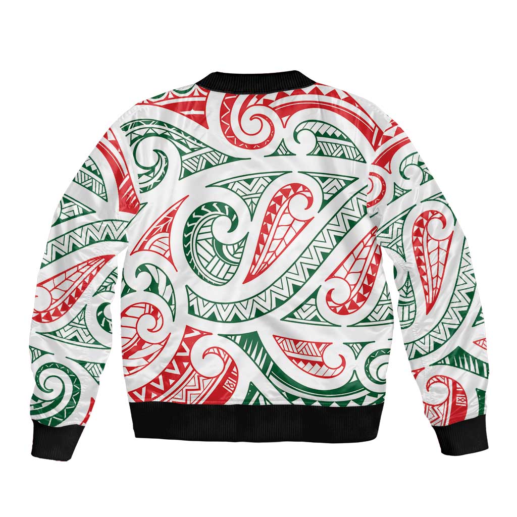 New Zealand Kowhaiwhai Christmas Sleeve Zip Bomber Jacket Traditional Maori Koru Pattern - Aussie Hoodie