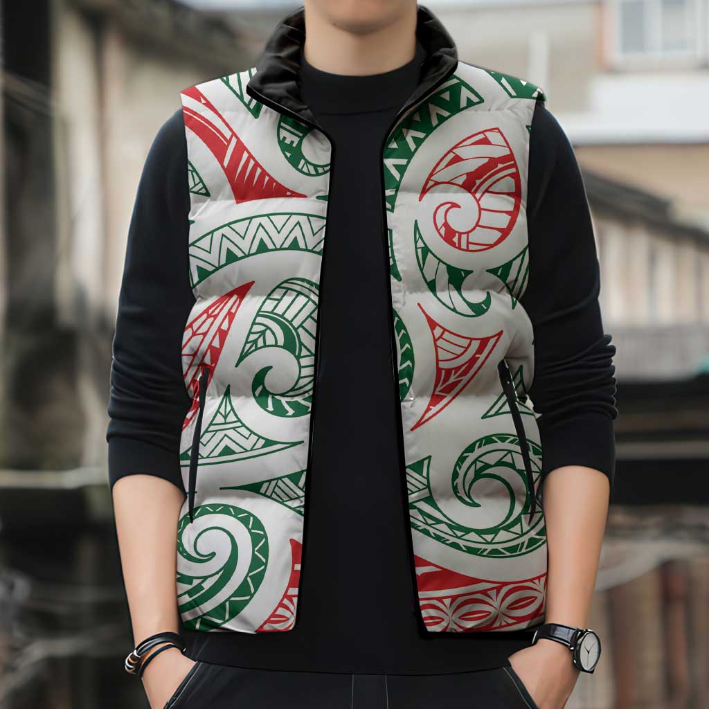 New Zealand Kowhaiwhai Christmas Sleeveless Puffer Jacket Traditional Maori Koru Pattern - Aussie Hoodie