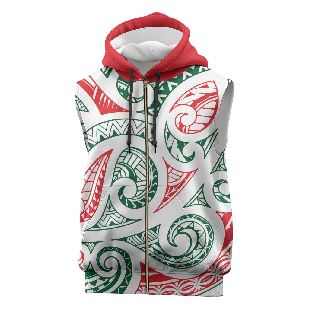 New Zealand Kowhaiwhai Christmas Sleeveless Zip Hoodie Traditional Maori Koru Pattern - Aussie Hoodie
