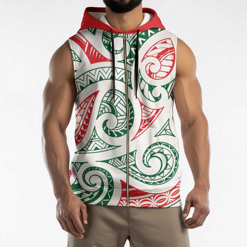 New Zealand Kowhaiwhai Christmas Sleeveless Zip Hoodie Traditional Maori Koru Pattern - Aussie Hoodie