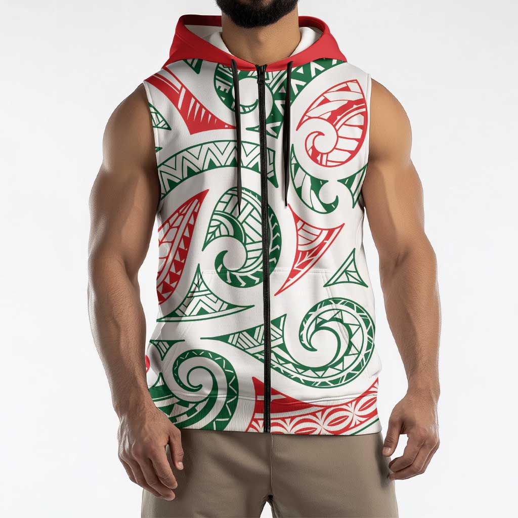 New Zealand Kowhaiwhai Christmas Sleeveless Zip Hoodie Traditional Maori Koru Pattern LT9