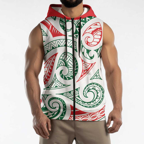 New Zealand Kowhaiwhai Christmas Sleeveless Zip Hoodie Traditional Maori Koru Pattern LT9
