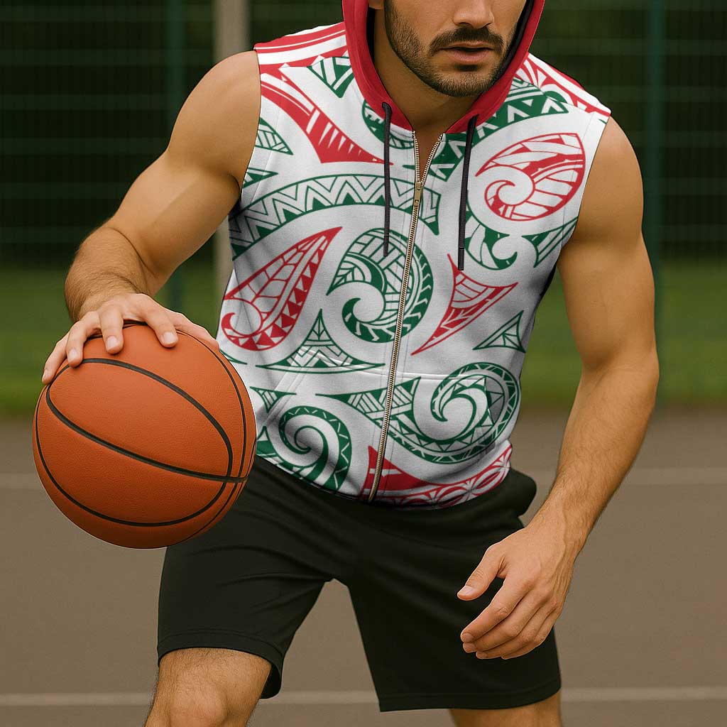 New Zealand Kowhaiwhai Christmas Sleeveless Zip Hoodie Traditional Maori Koru Pattern - Aussie Hoodie