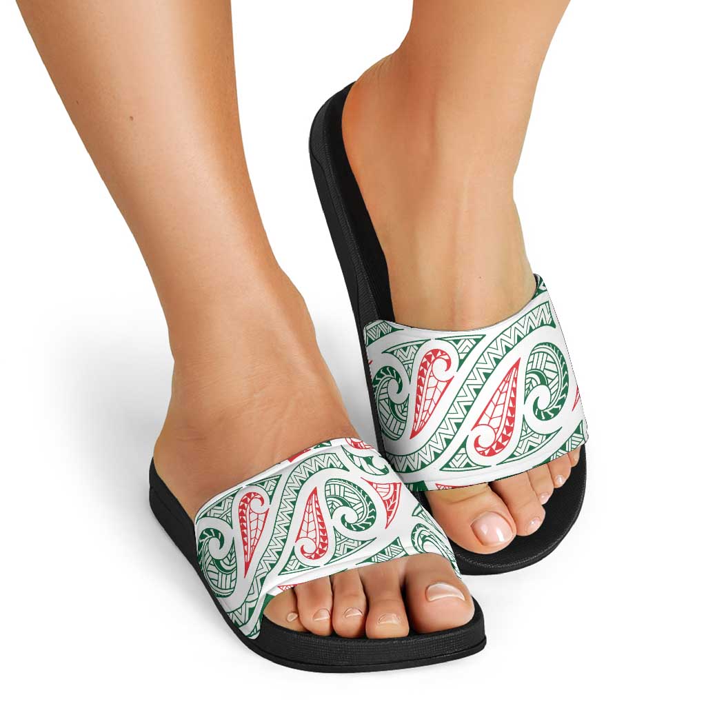 New Zealand Kowhaiwhai Christmas Slide Sandals Traditional Maori Koru Pattern - Aussie Hoodie