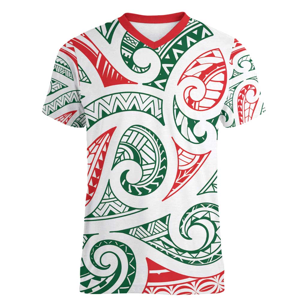 New Zealand Kowhaiwhai Christmas Women V-Neck T-Shirt Traditional Maori Koru Pattern - Aussie Hoodie