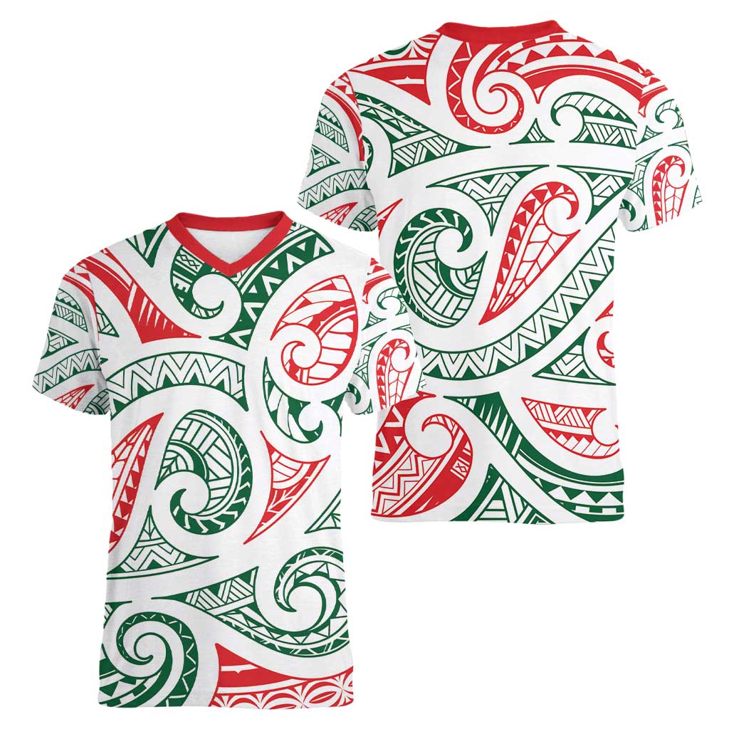 New Zealand Kowhaiwhai Christmas Women V-Neck T-Shirt Traditional Maori Koru Pattern - Aussie Hoodie