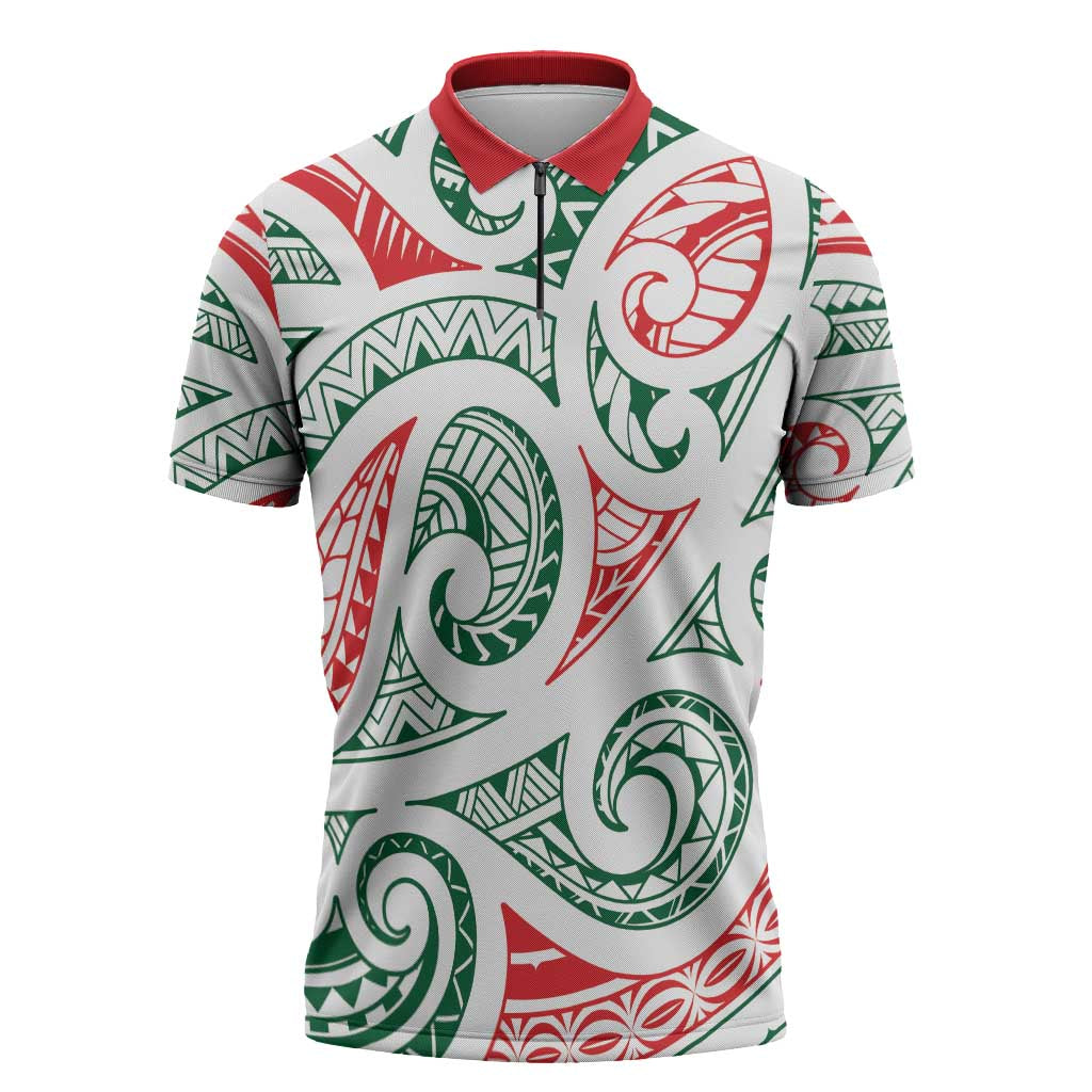 New Zealand Kowhaiwhai Christmas Zipper Polo Shirt Traditional Maori Koru Pattern - Aussie Hoodie