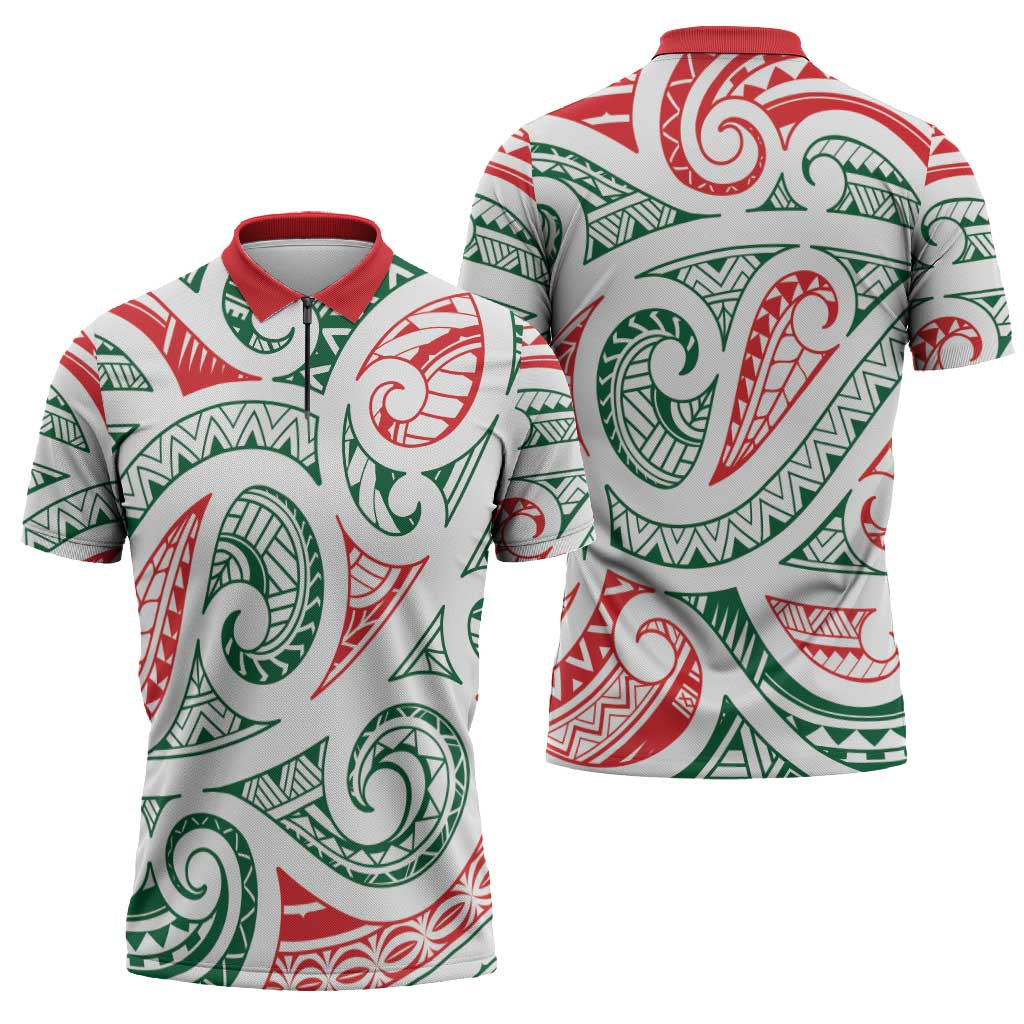 New Zealand Kowhaiwhai Christmas Zipper Polo Shirt Traditional Maori Koru Pattern - Aussie Hoodie