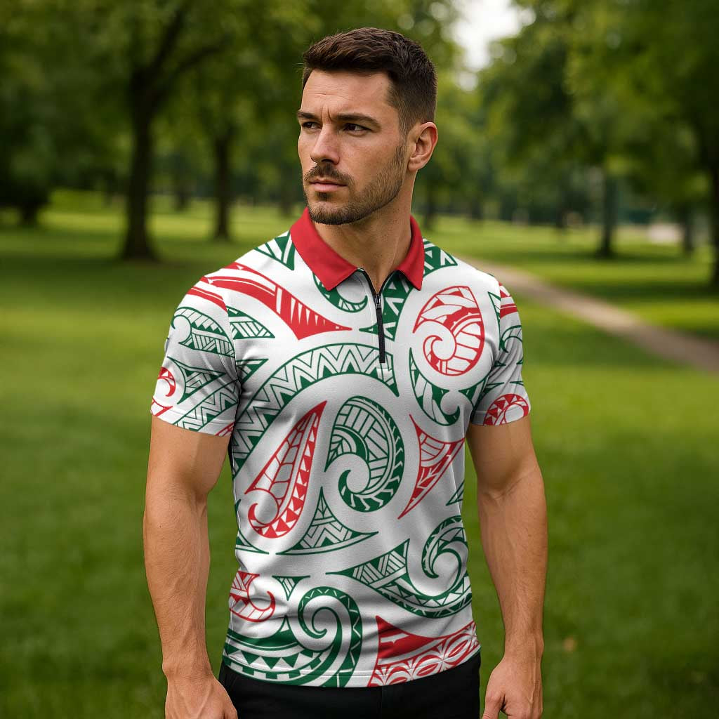 New Zealand Kowhaiwhai Christmas Zipper Polo Shirt Traditional Maori Koru Pattern - Aussie Hoodie