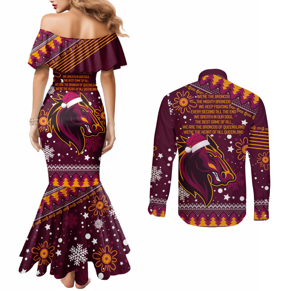 broncos-rugby-couples-matching-mermaid-dress-and-long-sleeve-button-shirts-heart-of-all-queenland-2023-christmas-vibe-unique