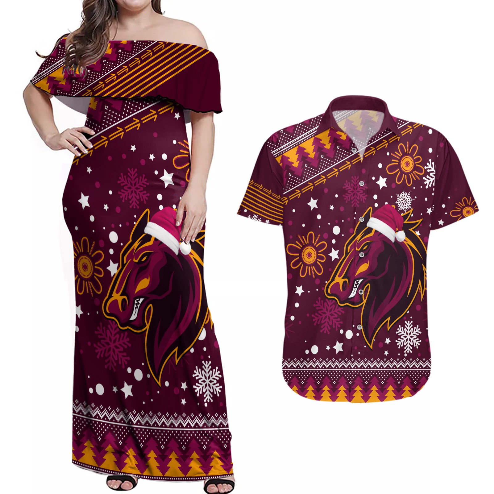 broncos-rugby-couples-matching-off-shoulder-maxi-dress-and-hawaiian-shirt-heart-of-all-queenland-2023-christmas-vibe-unique